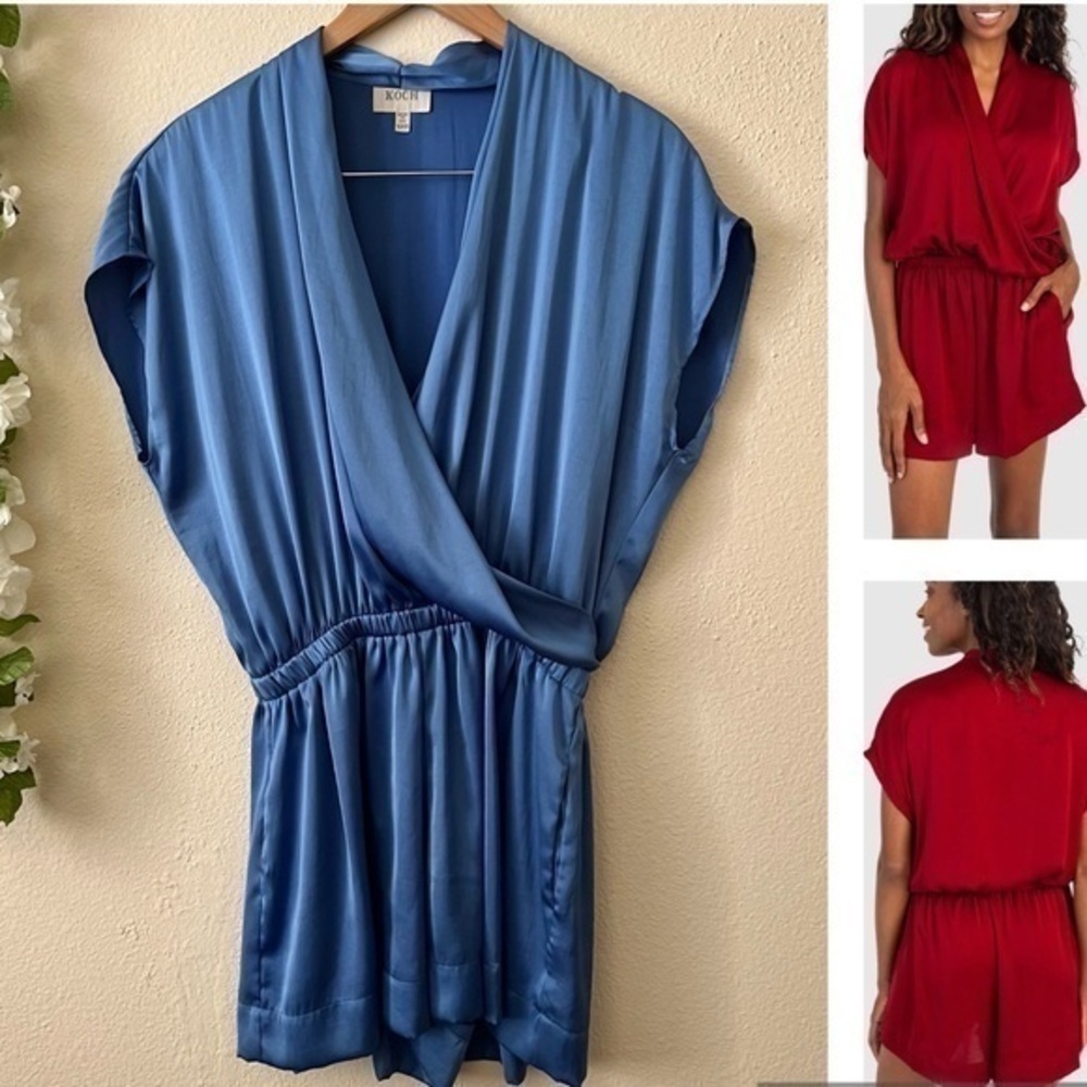 NWOT KOCH Blue Short Sleeve Renata Poly Satin Romper